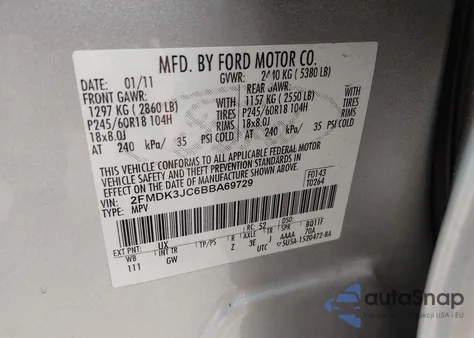 2011 Ford Edge Sel из США, поврежденный, VIN 2FMDK3JC6BBA69729